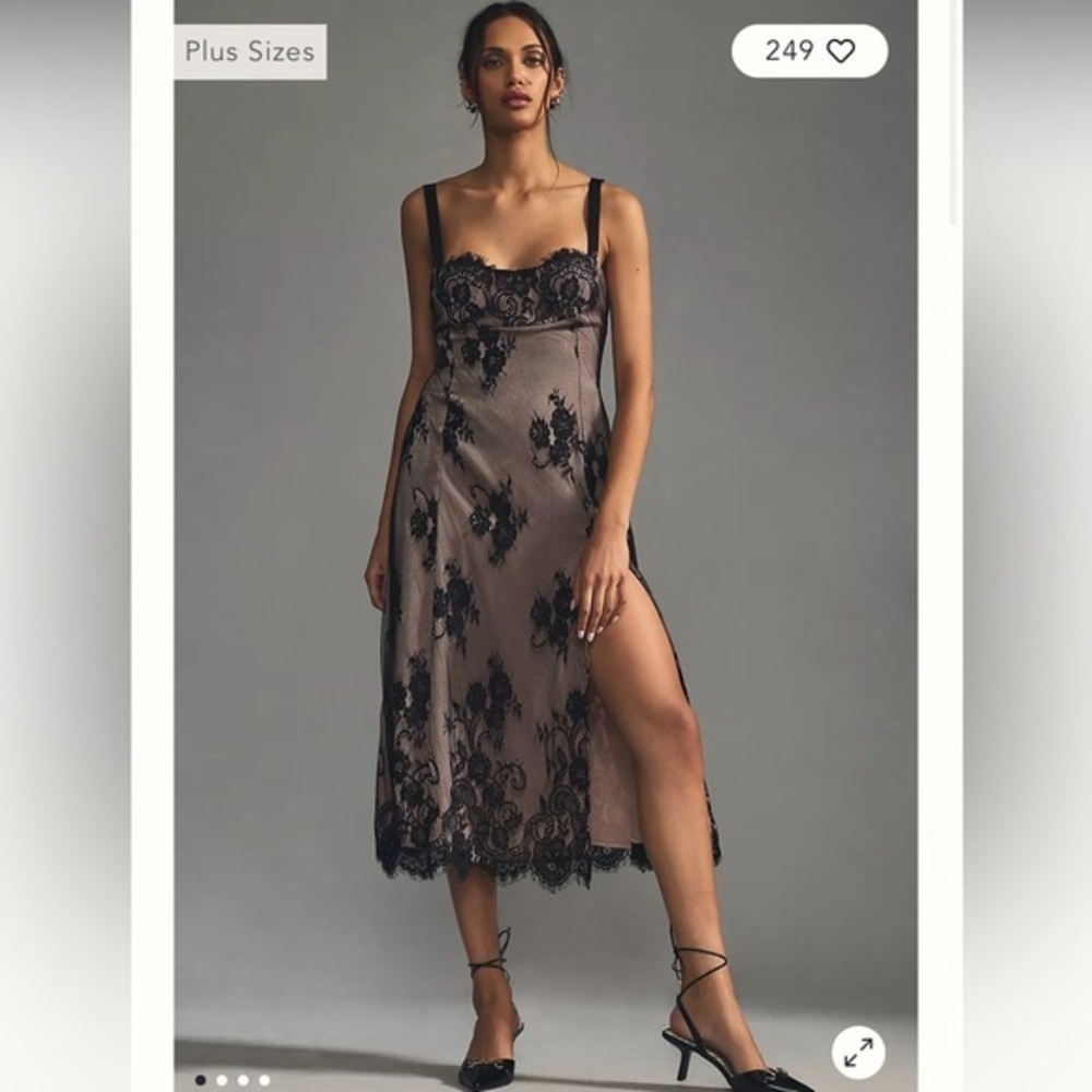 Anthropologie Mauve Nude Black Lace Overlay Side Slit Slip Dress - Picture 4 of 14